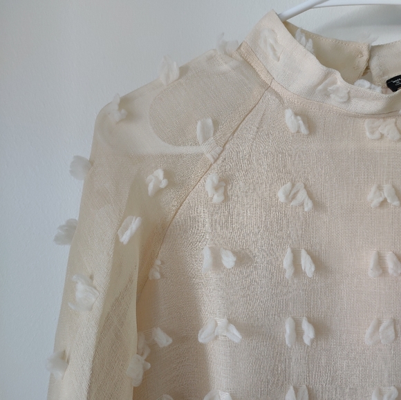 SHEIN cream tufted sheer top with cream lining, gathered sleeve cuffs, mock neck - Picture 4 of 15